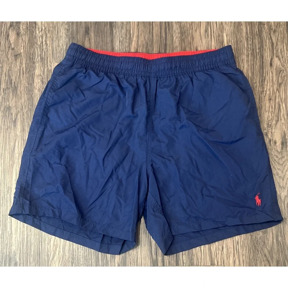 Polo Ralph Lauren Men's Large Navy Red Swim Trunks Elastic Waist Drawstring